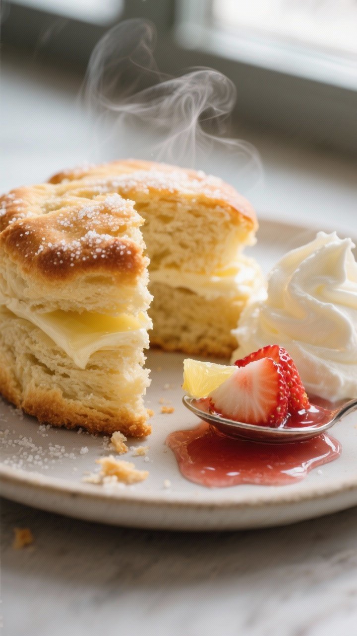 Close-up detail: A freshly baked shortcake biscuit split open, steam rising, showing tender, flaky l
