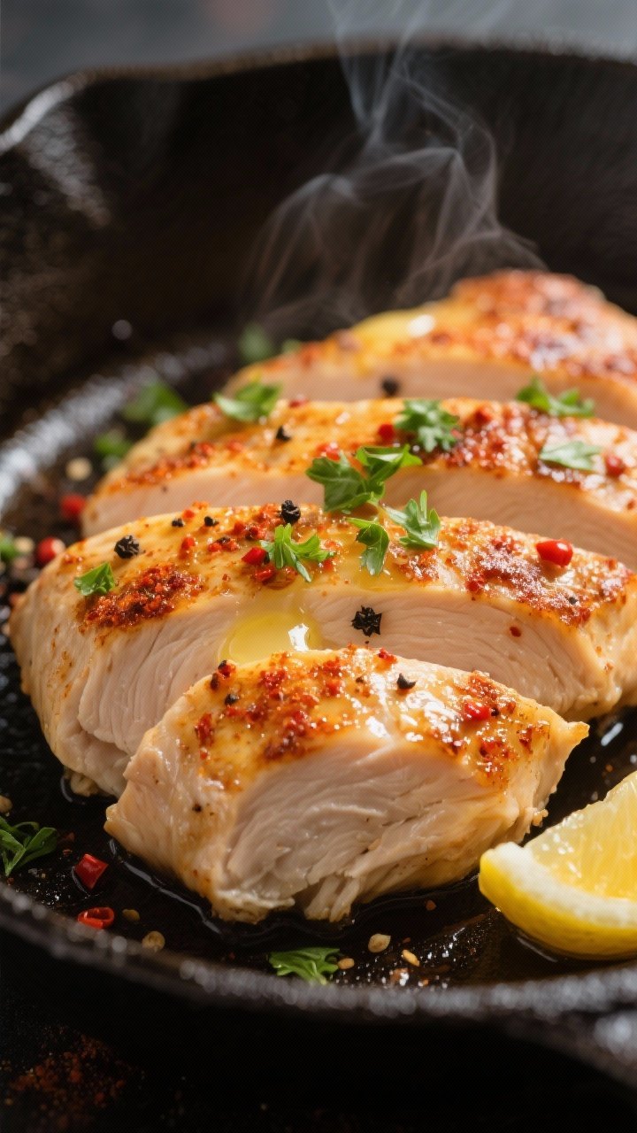 Close-up detail: Sliced seared chicken breast with crispy, paprika-speckled golden crust and a visib