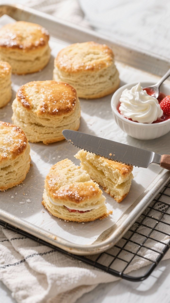 Cooking process: Overhead shot of just-baked shortcakes on a parchment-lined sheet tray, tall and go
