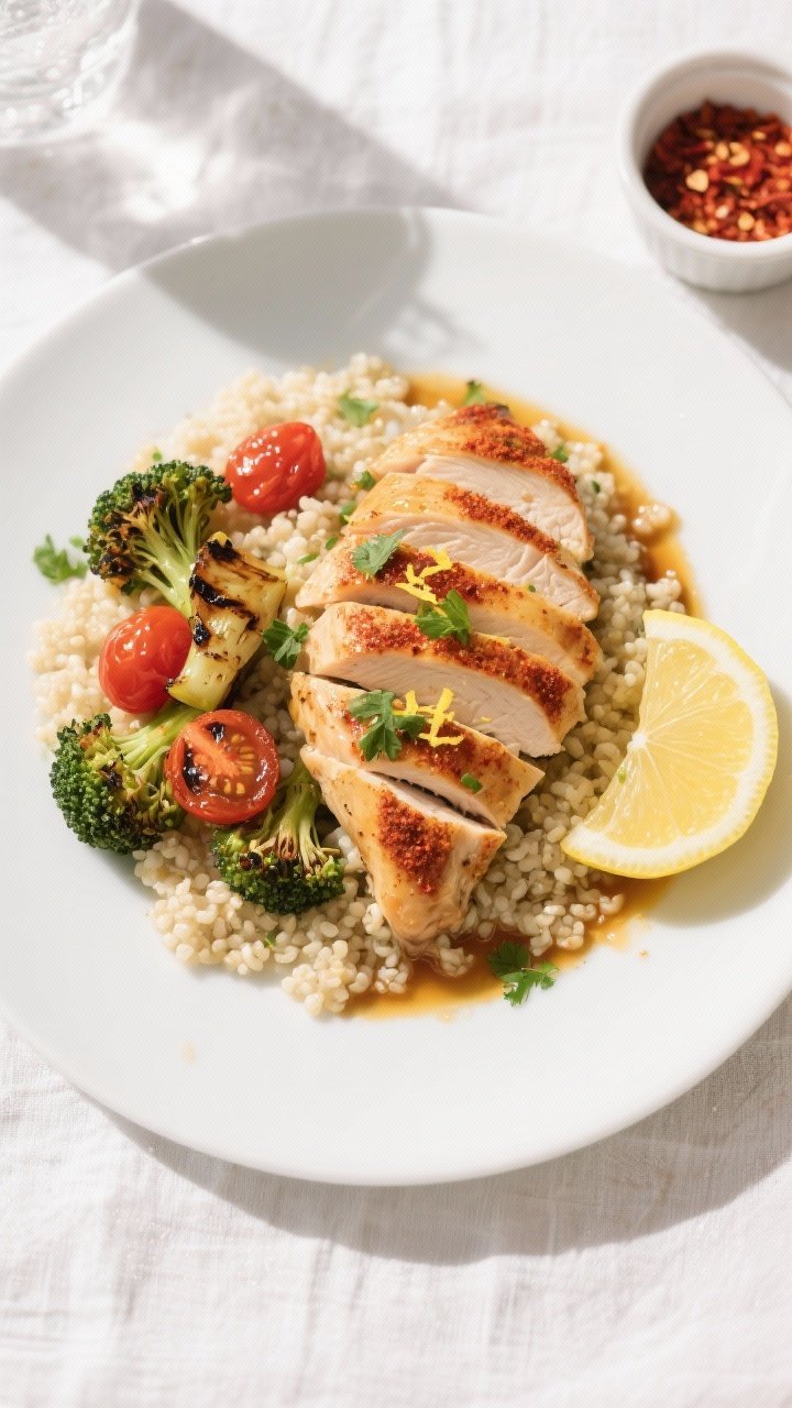 Final dish presentation: Restaurant-quality plate of lemon-garlic smoked-paprika chicken, sliced aga