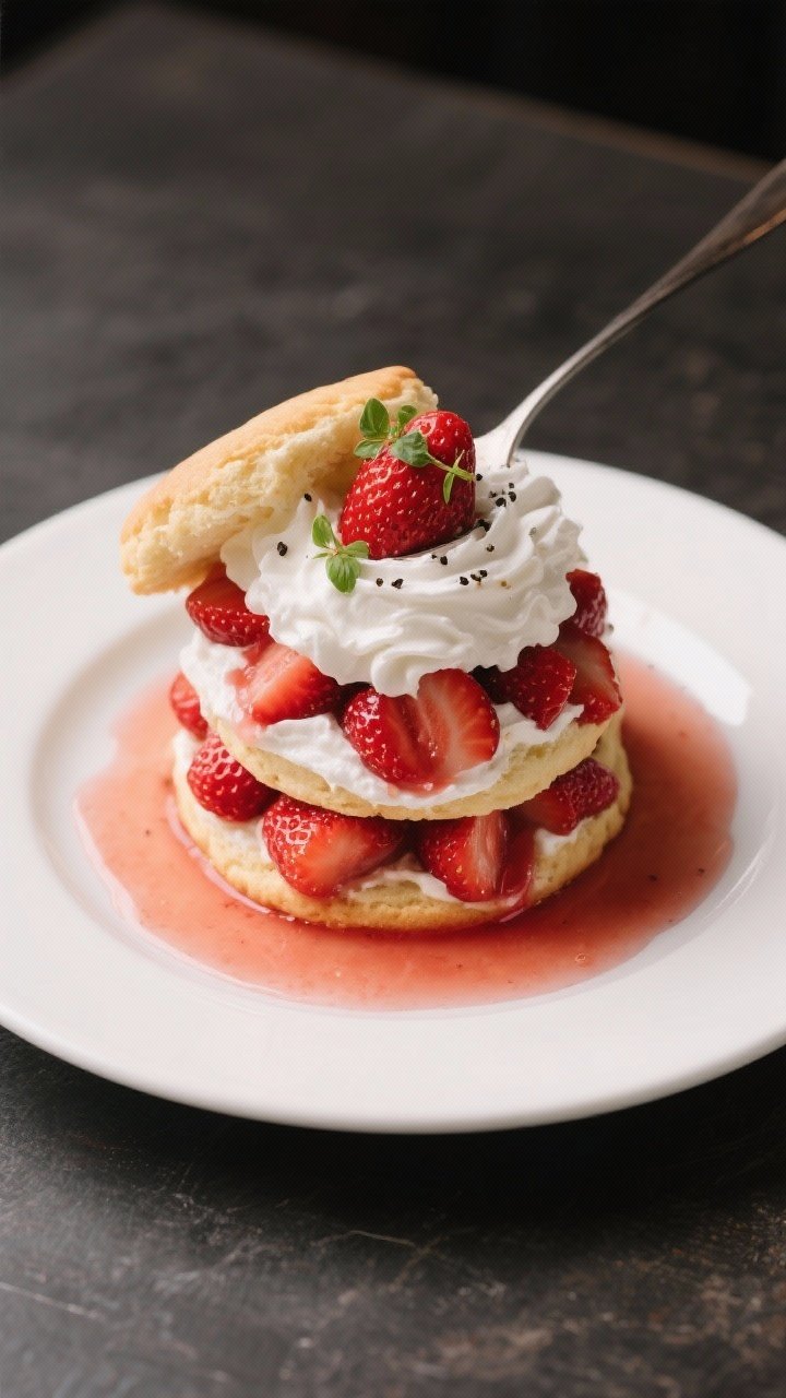 Final dish presentation: Restaurant-quality plated strawberry shortcake stack—base biscuit, cascad