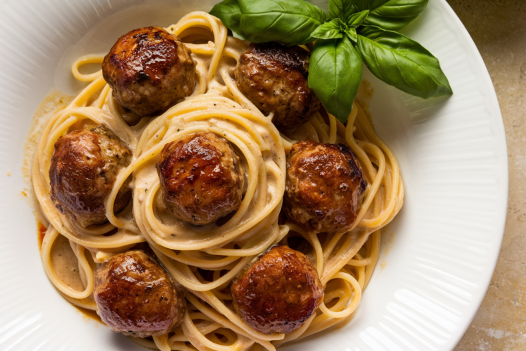 Creamy Garlic Parmesan Pasta with Juicy Meatballs