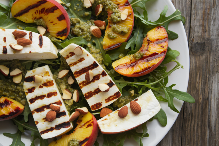 Grilled Peach and Halloumi Salad Recipe with Lemon-Pesto Dressing