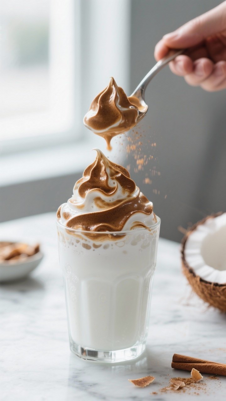 Close-up detail/process shot: Thick, glossy whipped coffee foam being spooned over a chilled glass o