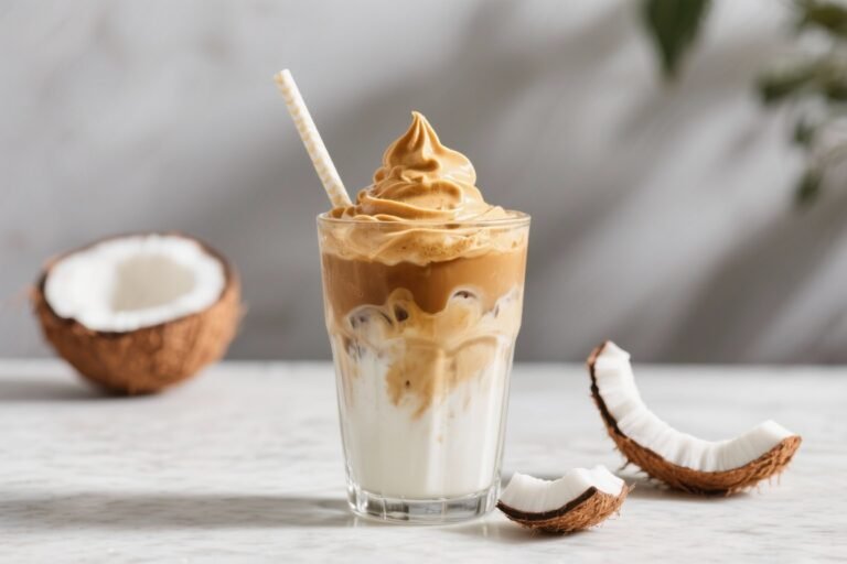 Coconut Dalgona Iced Coffee That Tastes Like a Beach Vacation in a Glass