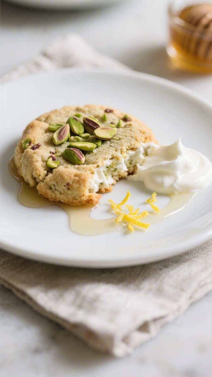 Close-up plated final presentation of a single Pistachio Ricotta Breakfast Cookie on a matte white p