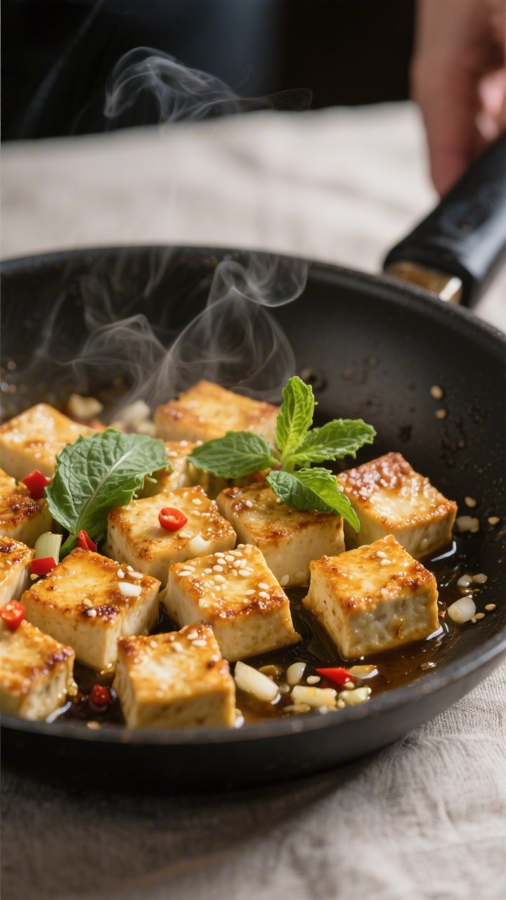 Cooking process — tofu version: Golden-crisp cubes of pan-seared firm tofu tossed in a hot skillet