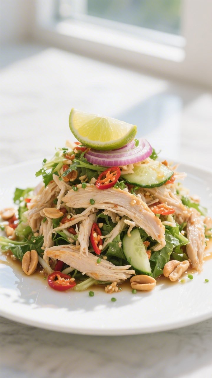 Final plated hero — chicken version: Beautifully plated Vietnamese salad (shredded rotisserie chic