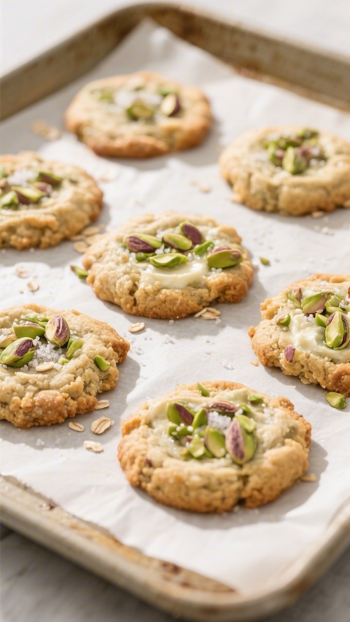 Overhead shot of freshly baked Pistachio Ricotta Breakfast Cookies on a parchment-lined sheet pan ju