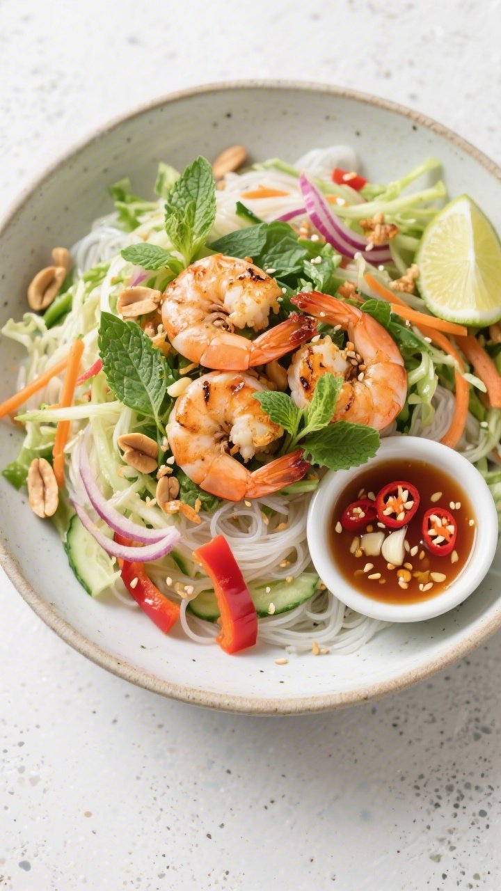 Tasty top view — vermicelli bowl: Overhead shot of a Vietnamese salad bowl with rice vermicelli la