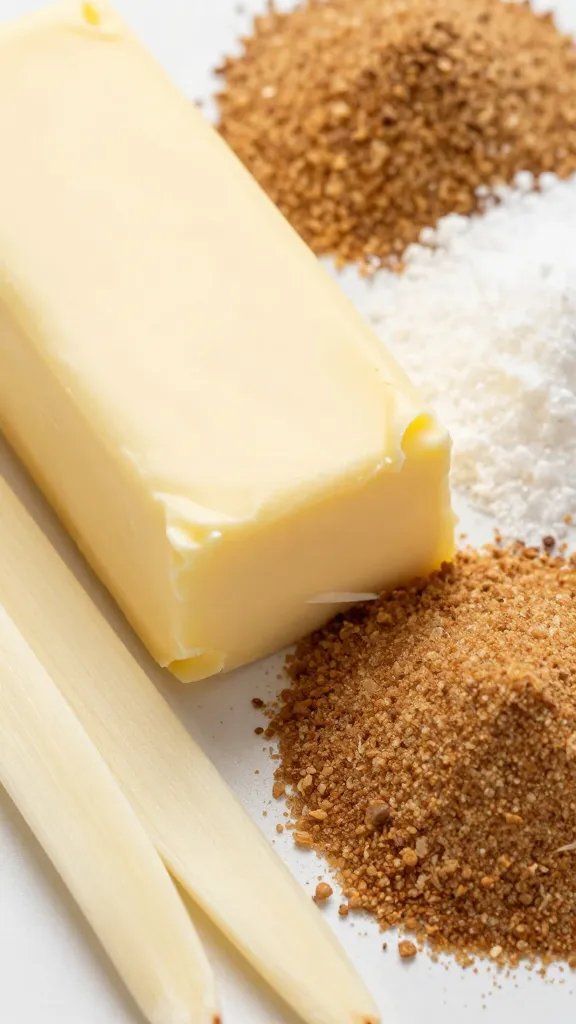 closeup of vanilla butter and brown sugar ingredients arranged