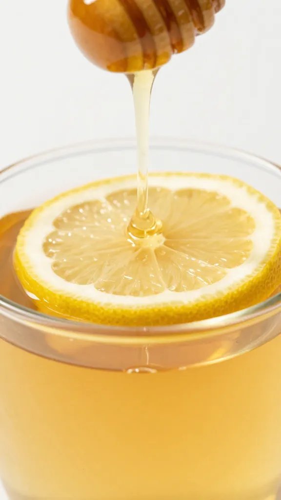 Closeup: honey drizzle on lemon slice in tea glass