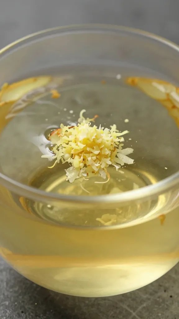 Closeup: grated ginger glowing in clear tea cup