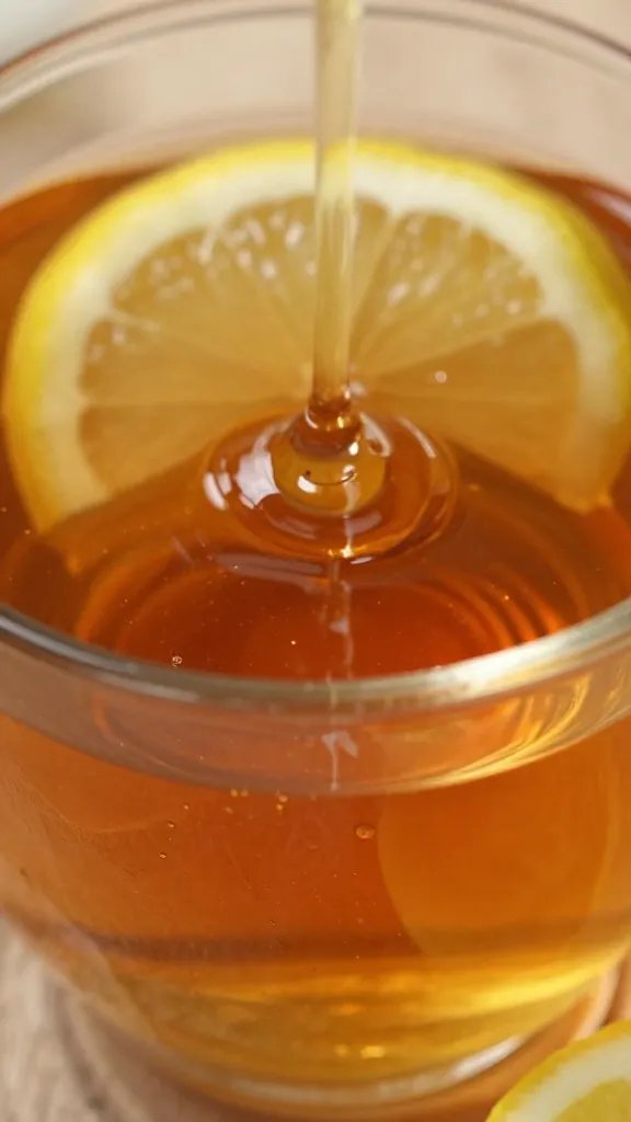 Closeup: amber honey swirling in hot lemon tea