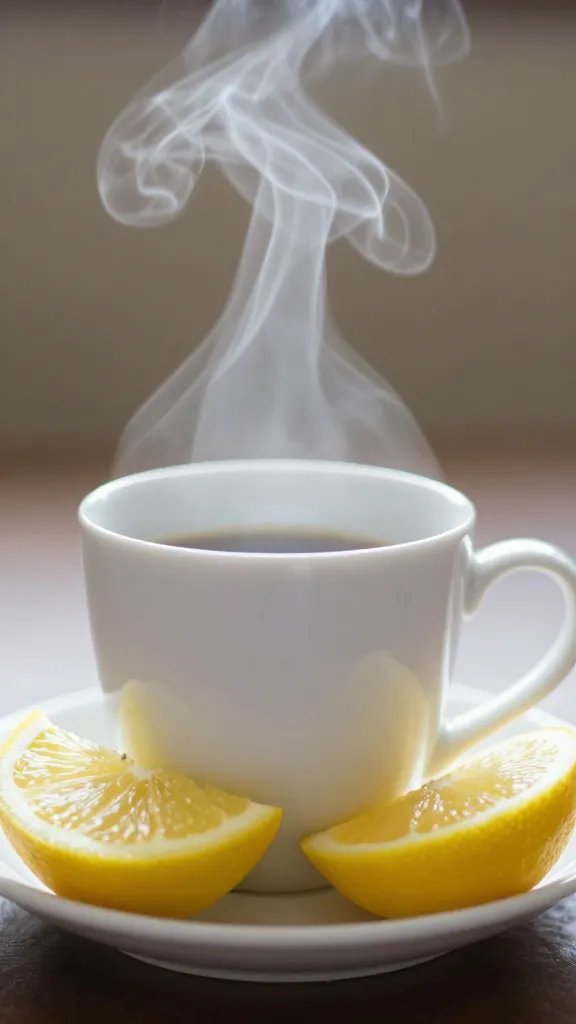Closeup: steam rising from mug beside sliced lemon on saucer