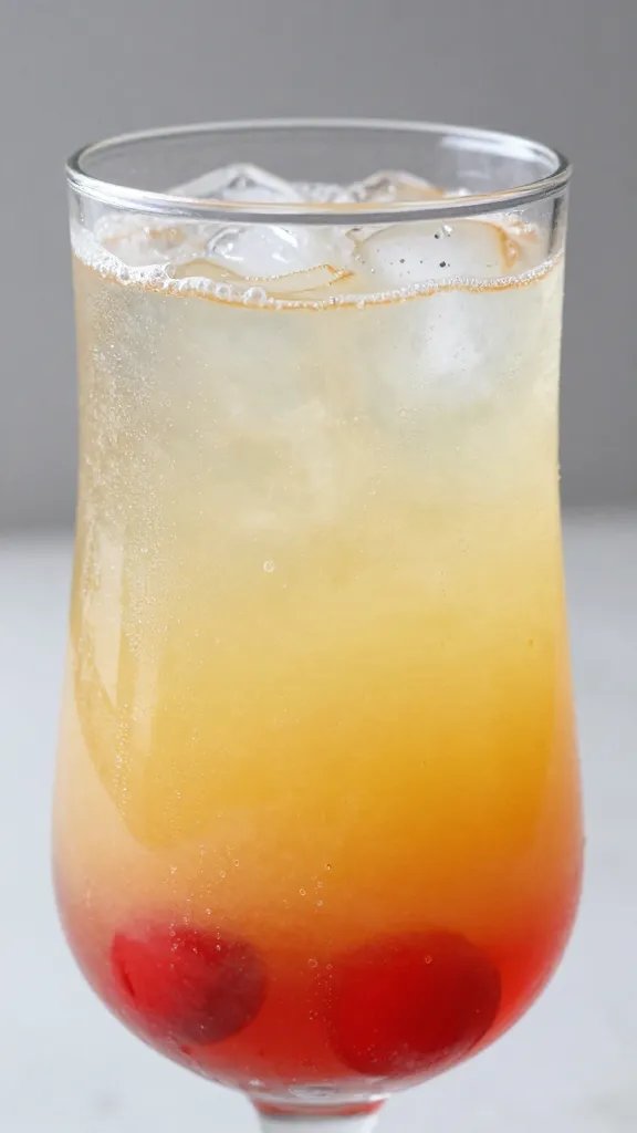 Close-up of a tall glass of Cherry Pineapple Punch with visible fizz