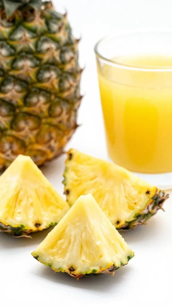 Close-up of fresh pineapple wedges beside a glass of punch on a white surface
