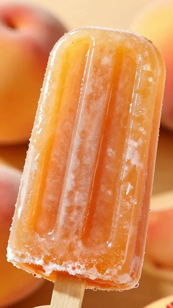 Closeup of a peach iced tea popsicle, glossy surface, amber tea color