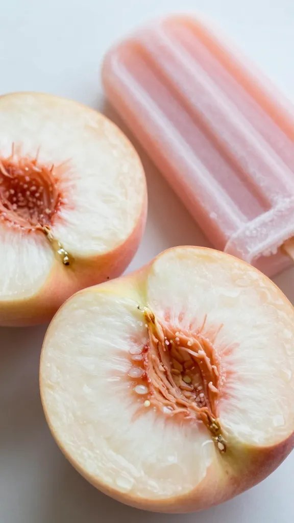 Closeup of peeled peach halves resting beside a popsicle mold