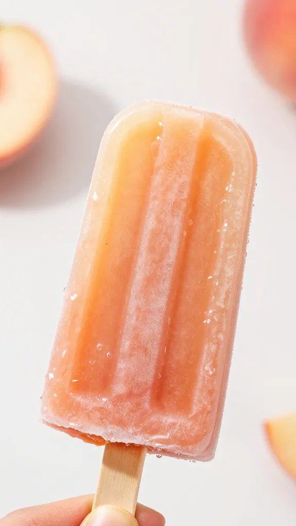 Closeup of a single peach iced tea popsicle held against a soft, blurred pastel background