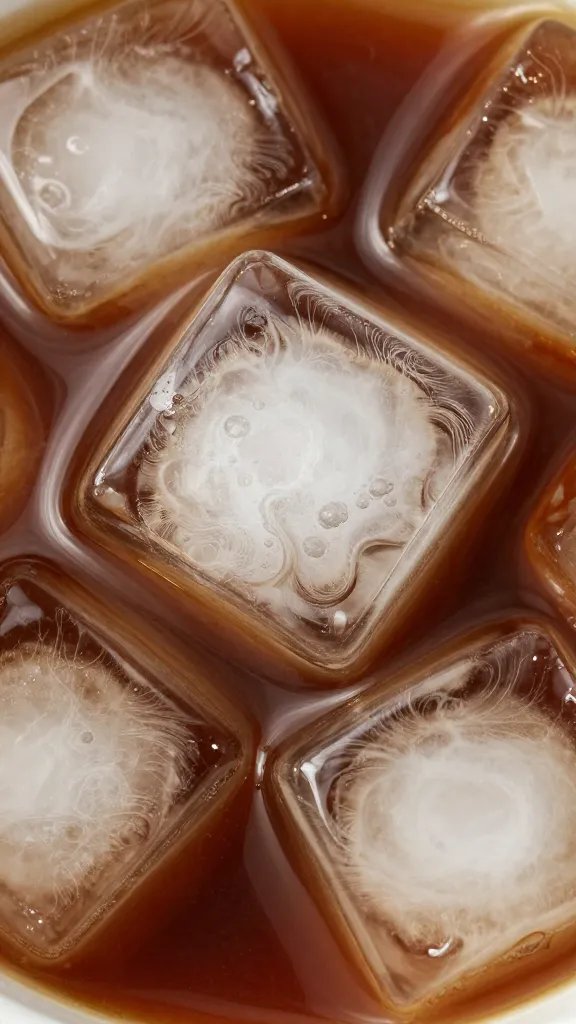 Macro image of vanilla-free ice cubes swirling in coffee