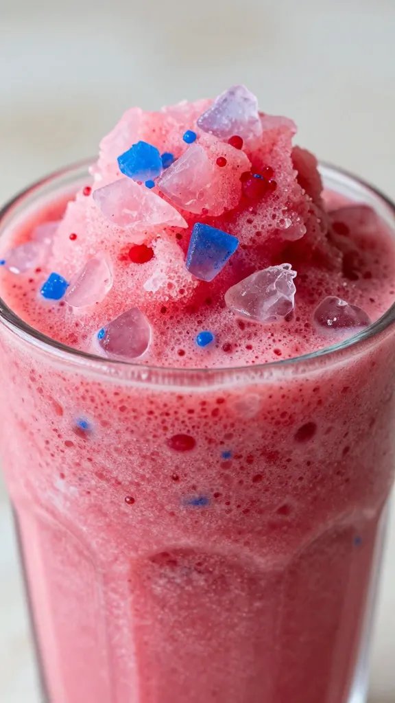 Closeup of raspberry lemonade slushie in glass cup, vivid pink-blue ice shards