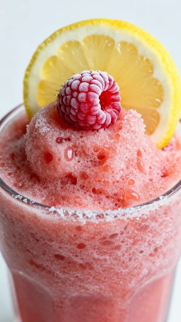 Closeup of frosty raspberry lemon-slice garnish on rim, glassy slushie