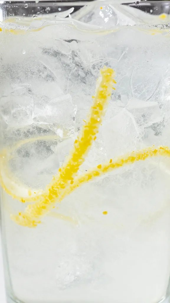 Closeup of crushed ice texture in transparent glass, lemon zest specks swirled