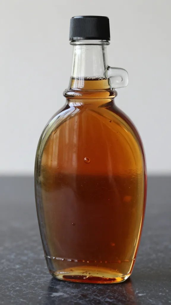 closeup of toasted pecan syrup bottle on dark marble