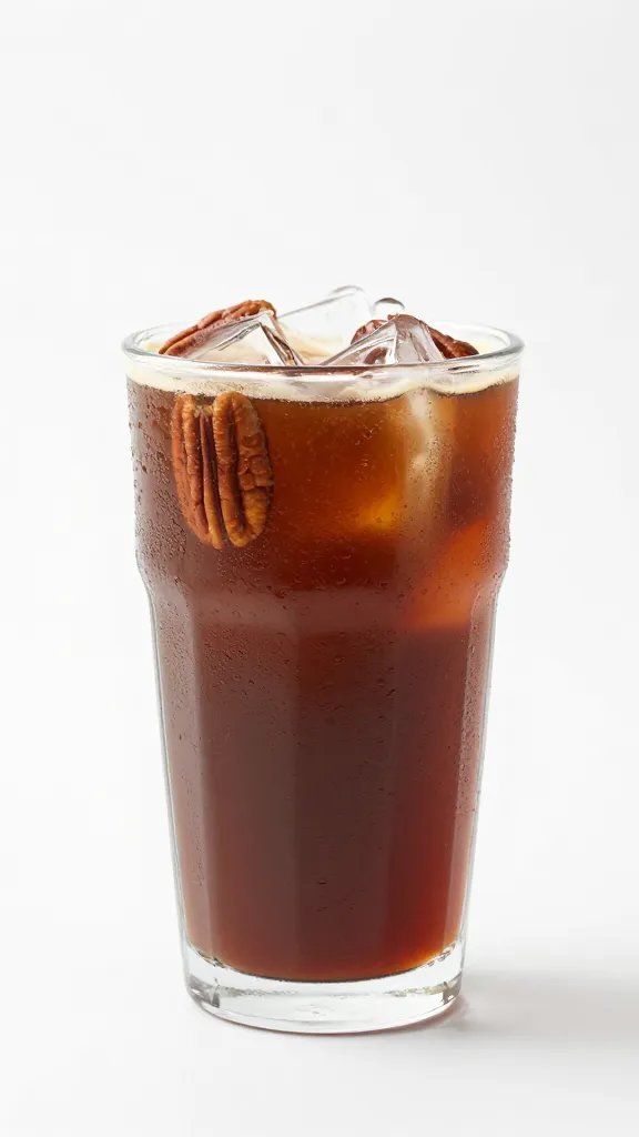 single iced coffee glass with pecan ribbons, condensation