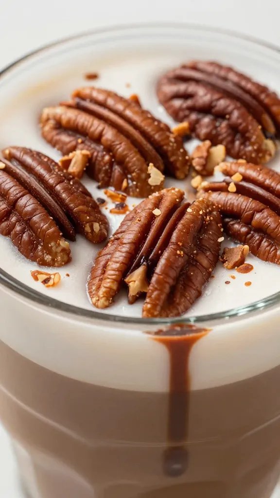 closeup of a mocha drizzle on coffee, pecan shards garnish