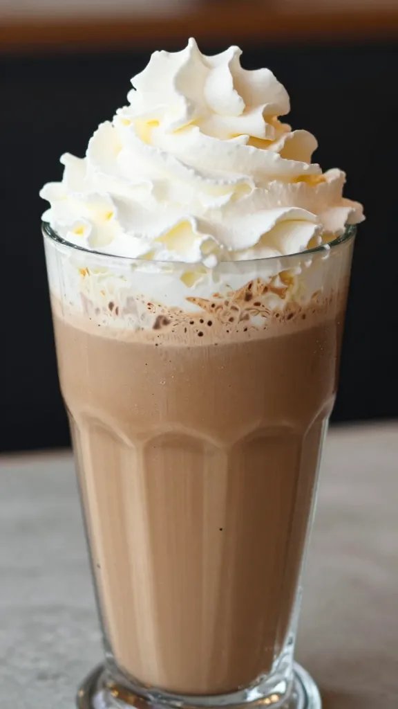 Closeup of a caramel mocha smoothie in a tall glass with whipped cream topping