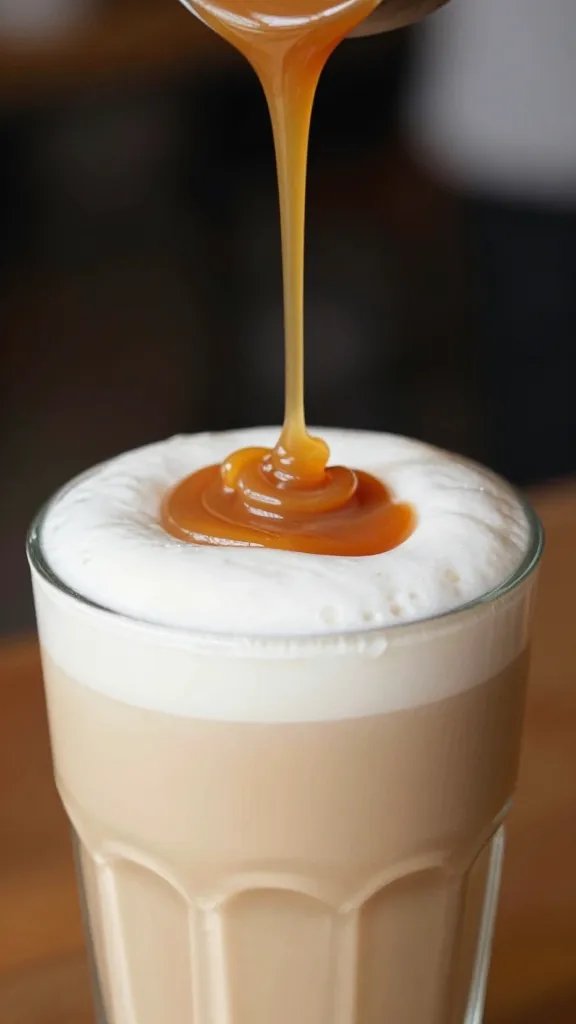 Focused shot of caramel drizzle streaming over the smoothie edge in glass
