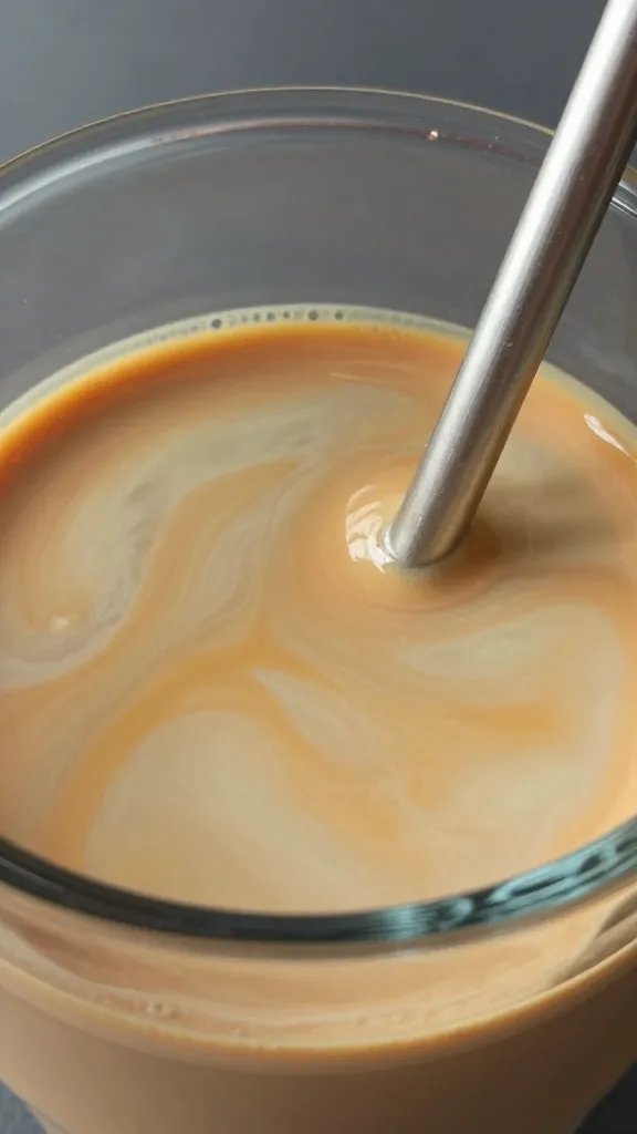 Closeup of coffee crema visible through a clear glass cup with a straw