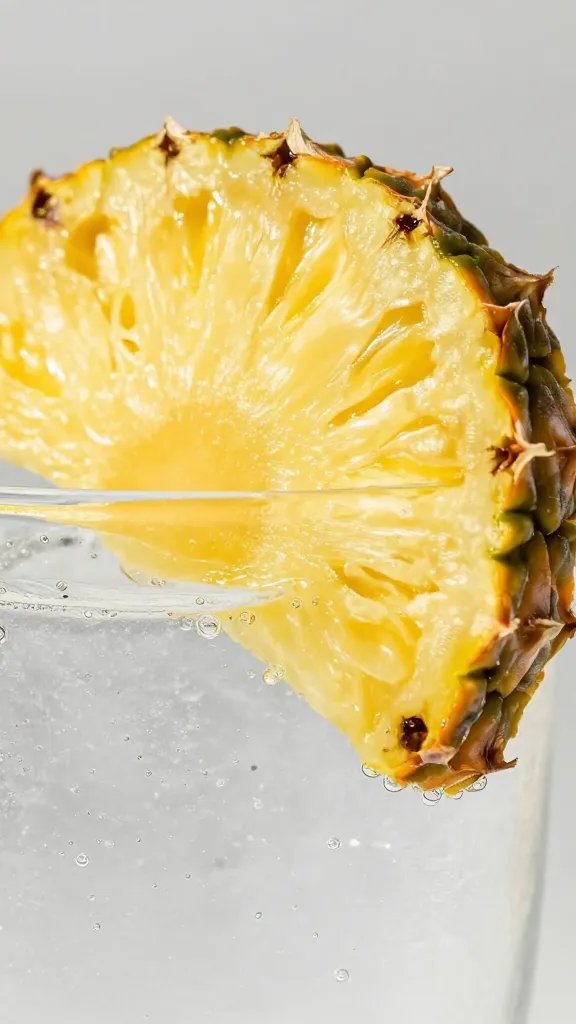 Close-up: pineapple slice resting on rim of glass, fizz bubbles