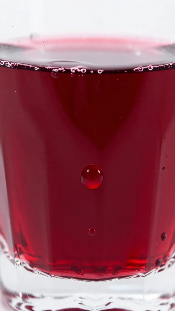 Close-up: cherry juice drop on crystal glass surface, bright glow