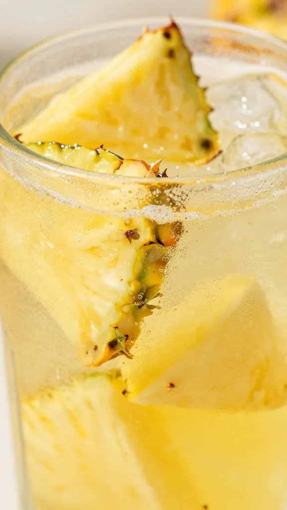 Close-up: pineapple chunks with sparkling drink in frosted glass