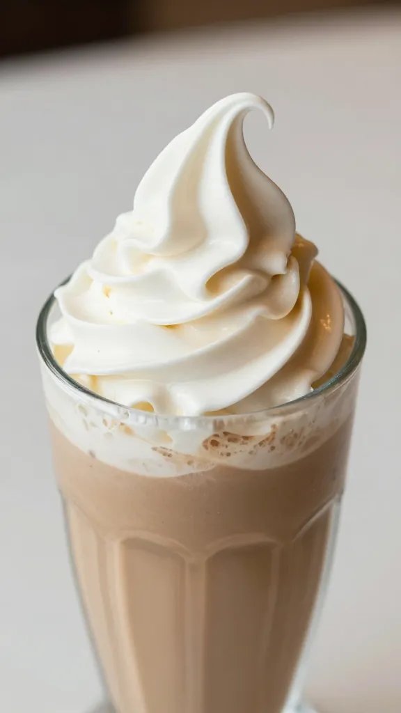 Closeup of a single creamy mocha swirl frappé in a tall glass