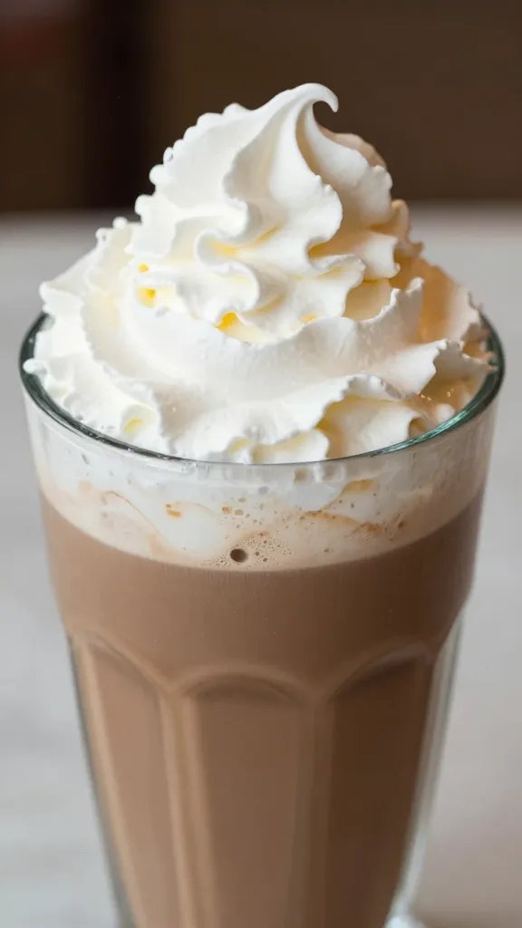 Closeup on whipped cream dollop atop mocha frappé in glass