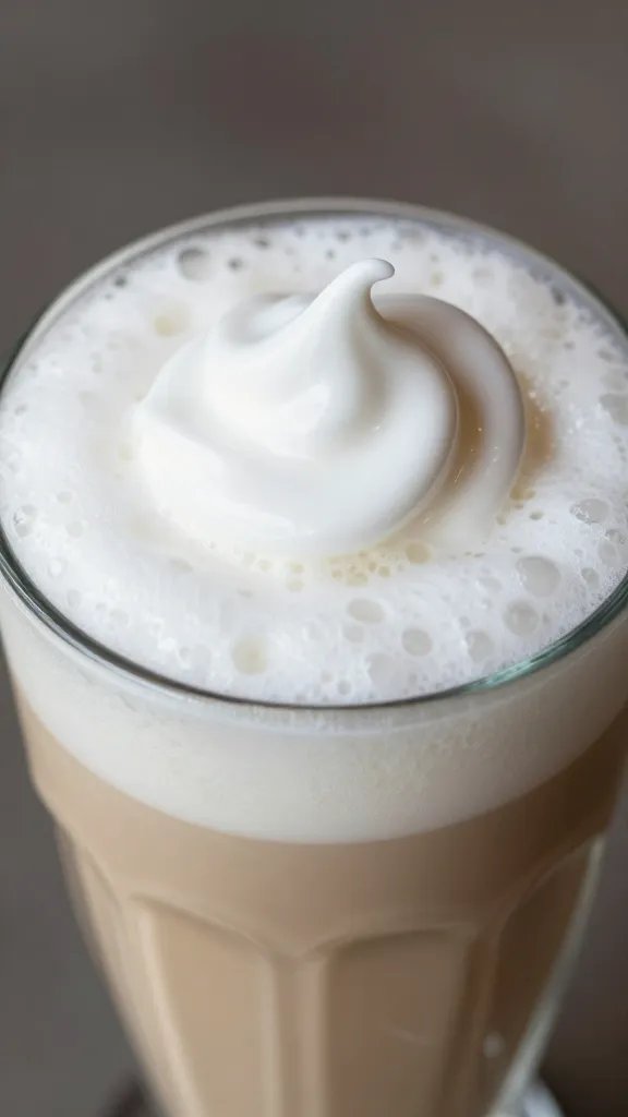 Closeup of frothy milk swirl against glass rim of frappé
