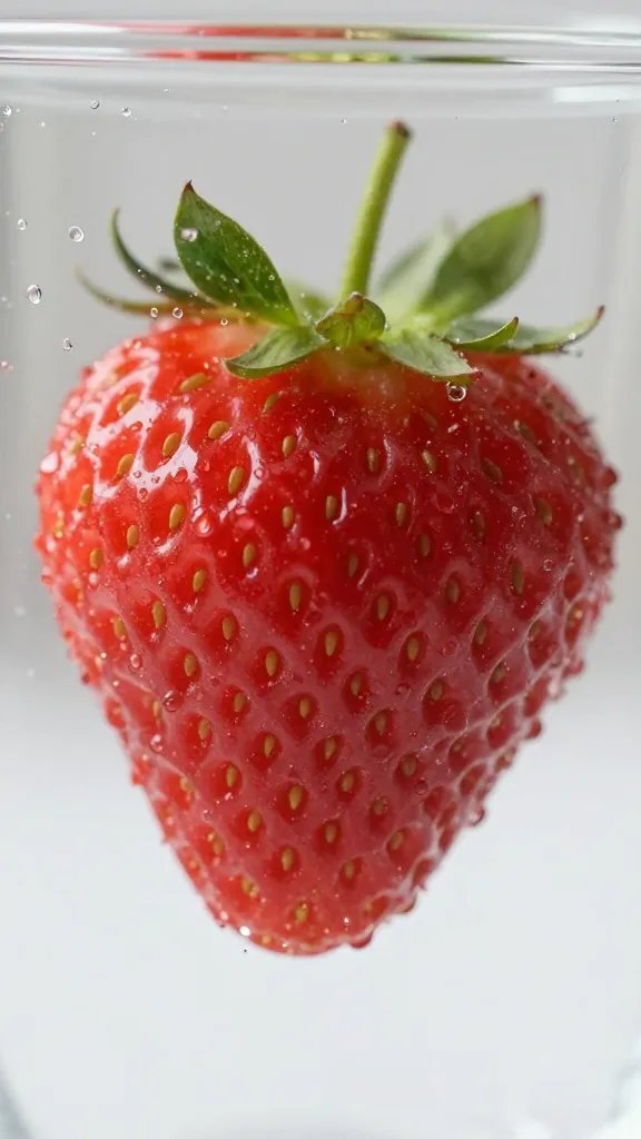 Closeup of a strawberry half with droplets on glass