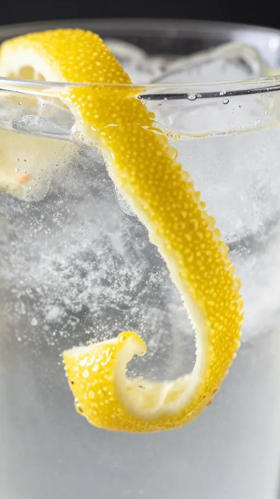 Closeup of a lemon zest curl on icy soda in a coupe