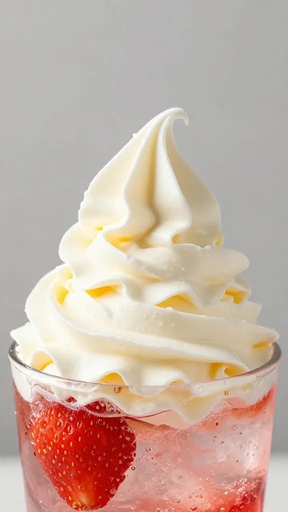 Closeup of vanilla cream swirl atop strawberry soda splash