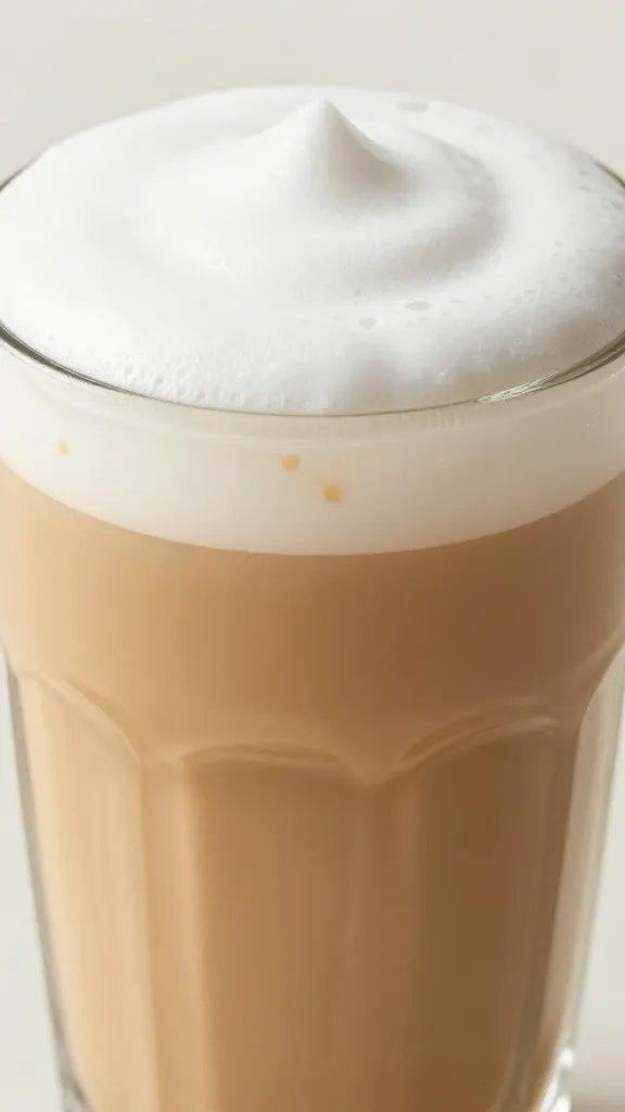 closeup of creamy honey chai iced latte glass with velvet milk foam