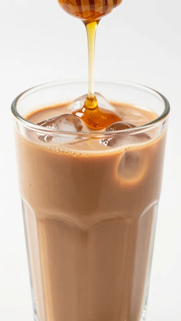 closeup of honey drizzle on rim of tall glass with chai ice