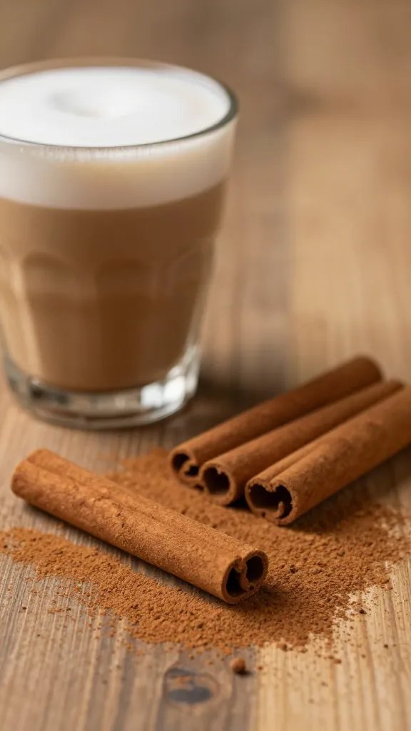 closeup of cinnamon dusted surface beside chai latte glass on wood background
