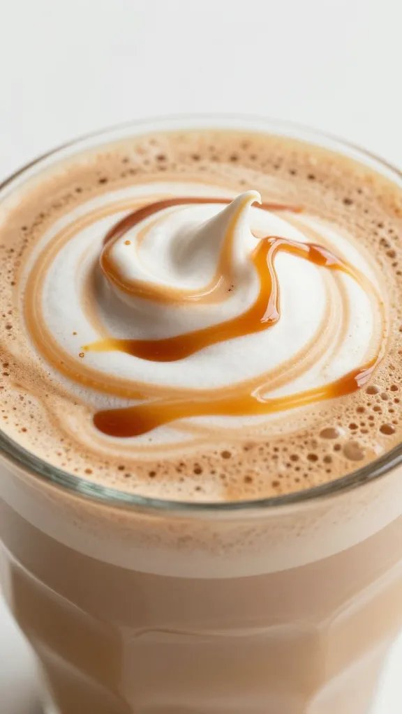 closeup of salted caramel mocha latte cup with foam swirl