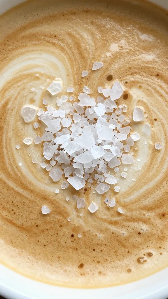 closeup of flaky sea salt crystals atop latte surface