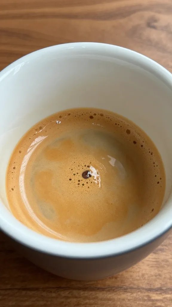 closeup of espresso shot crema within ceramic mug on wood desk