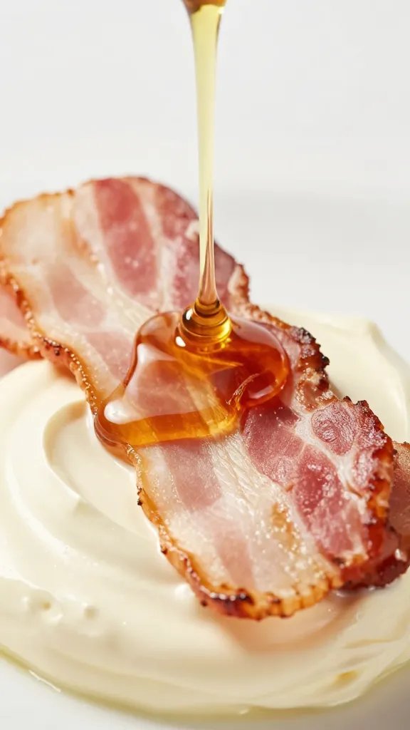 Closeup of maple syrup drizzling over bacon atop crema